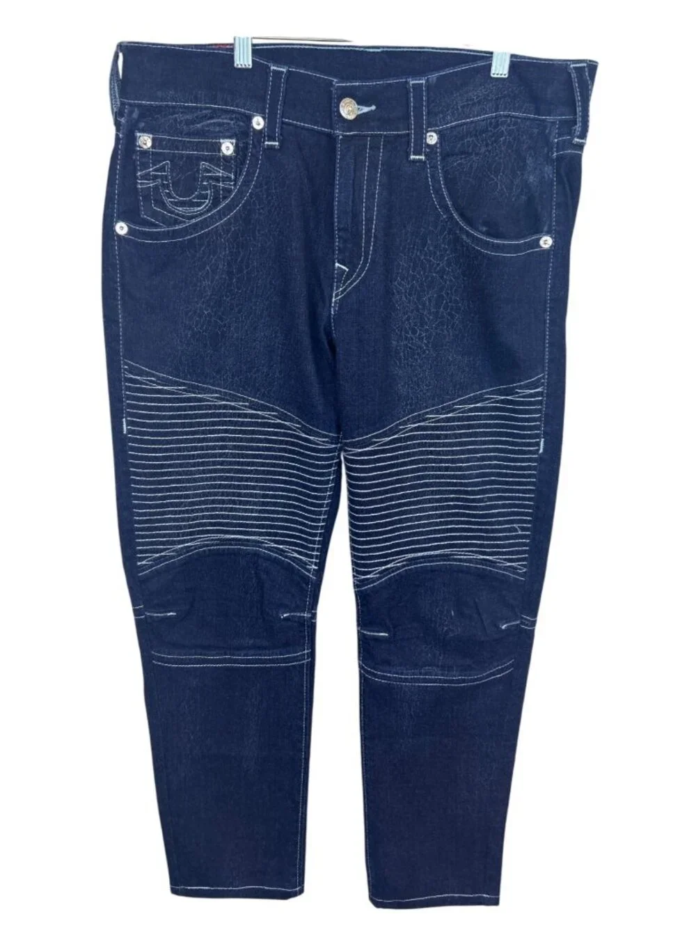 True Religion Moto Skinny Jeans Men's 34x28 Dark Wash Run Stitch Cracked Texture